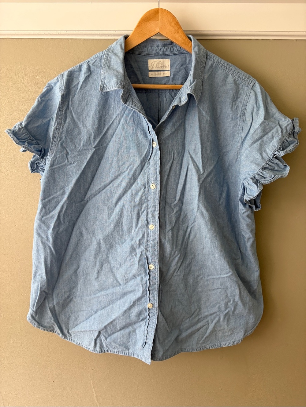 J.Crew Women's Chambray Ruffle Sleeve Button Up Shirt Classic Fit Size 20 #BJ051